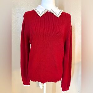 Chic Red Sweater with Embellished Collar